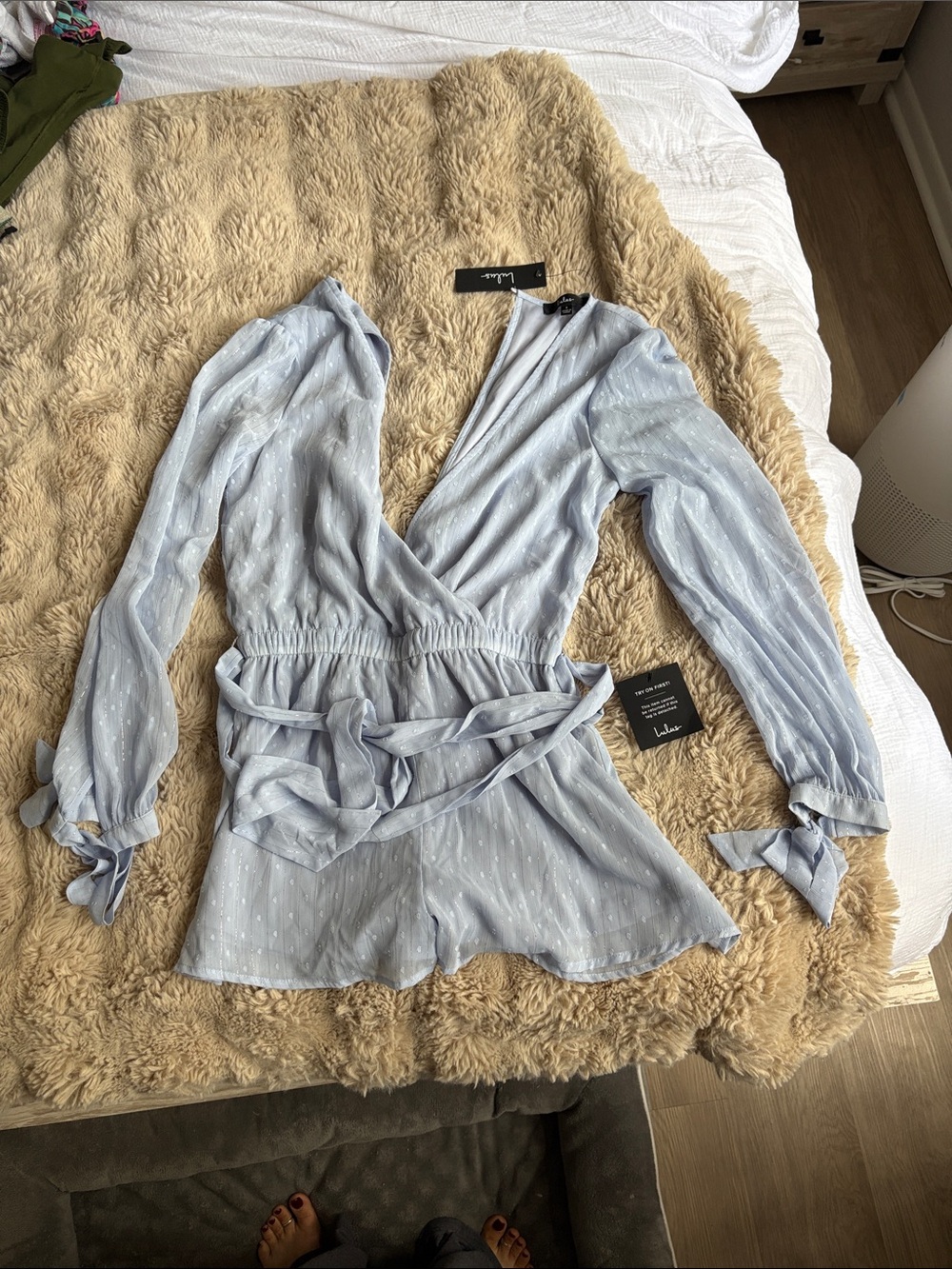 Lulu's Pale Blue Wrap Romper with Tie Cuffs